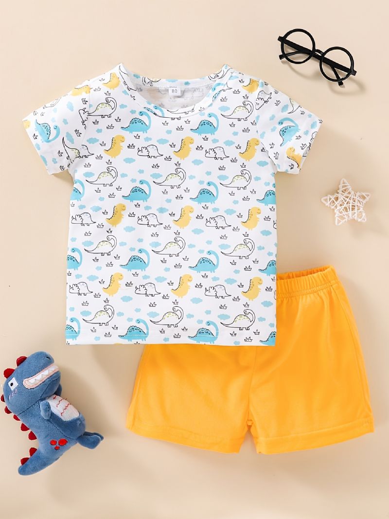 Baby Gutter Jenter Søt Tegneserie Mini Dinosaur Print T-skjorte Og Solid Shorts Sett