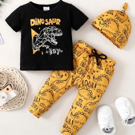 Baby Gutter Kortermet Topp Og Matchende Bukser Og Hatt Sett Med Tegneserie Dinosaurtrykk