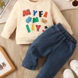 Baby Gutter Pullover Bear Letter Print Langermet Rundhals Sweatshirt & Jeans Sett Barneklær