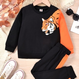 Baby Gutter Pullover Tiger Print Crew Neck Langermet Sweatshirt & Color Block Buksesett Barneklær
