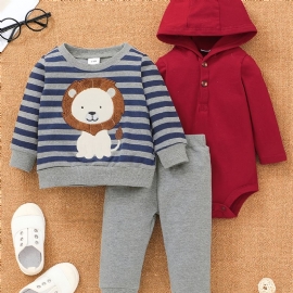 Baby Gutter Rød Bodysuit & Bukser & Striped Lion Print Sweatshirt Set For Fall Winter New Christmas
