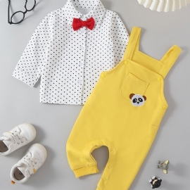 Baby Gutter Søt Jakkeslagsskjorte Med Prikkete Sløyfe Og Pandatrykk Smekkebuksesett