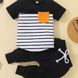 Baby Gutter Stripete Kortermet Topp + Solid Snøring Joggebuksesett Babyklær Antrekk