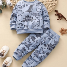 Baby Gutter Uformelt Søtt Sett Med Tegneserie Dinosaur Print Genser Sweatshirt Og Joggebukser