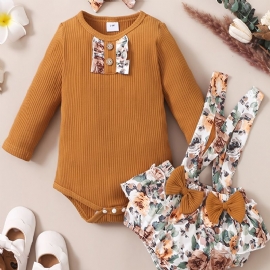 Baby Jente Brun Stripete Strikket Langermet Jumpsuit Og Blomsterbukse Med Hodebånd