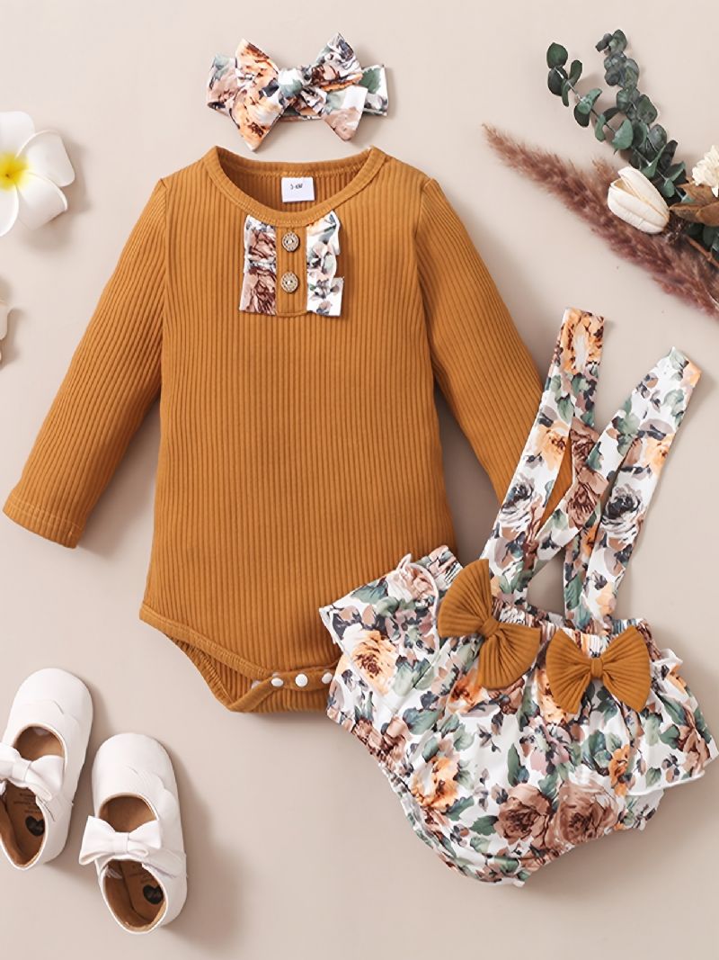 Baby Jente Brun Stripete Strikket Langermet Jumpsuit Og Blomsterbukse Med Hodebånd