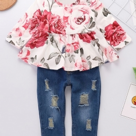 Baby Jenter Blomstertrykk Ruffle Decor Langermet Og Jeanssett