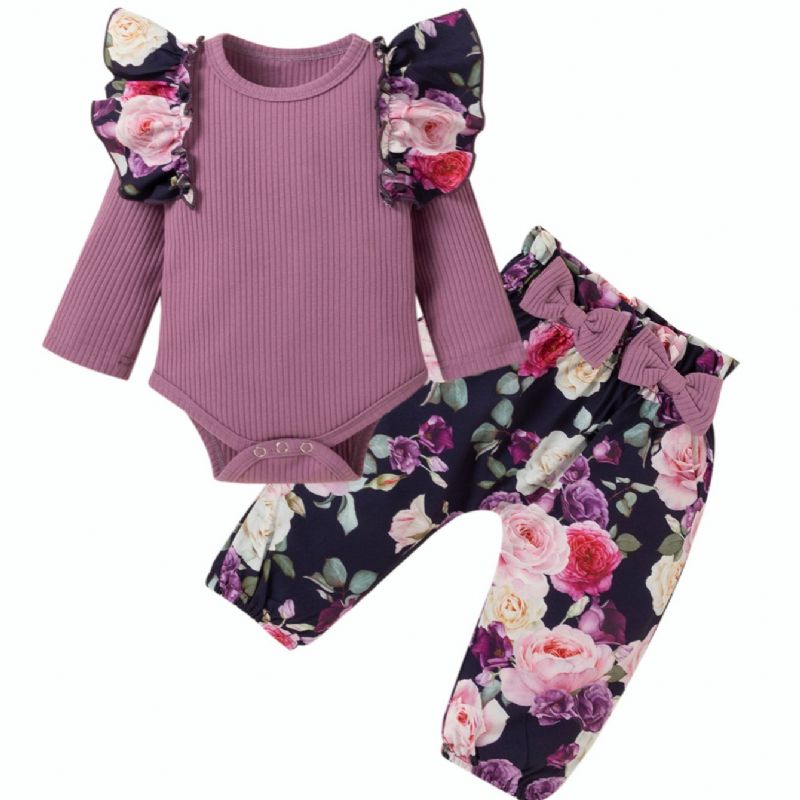 Baby Jenter Botanical Floral Print Ruffled Romper & Bue Buksesett