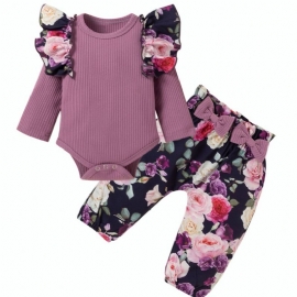 Baby Jenter Botanical Floral Print Ruffled Romper & Bue Buksesett