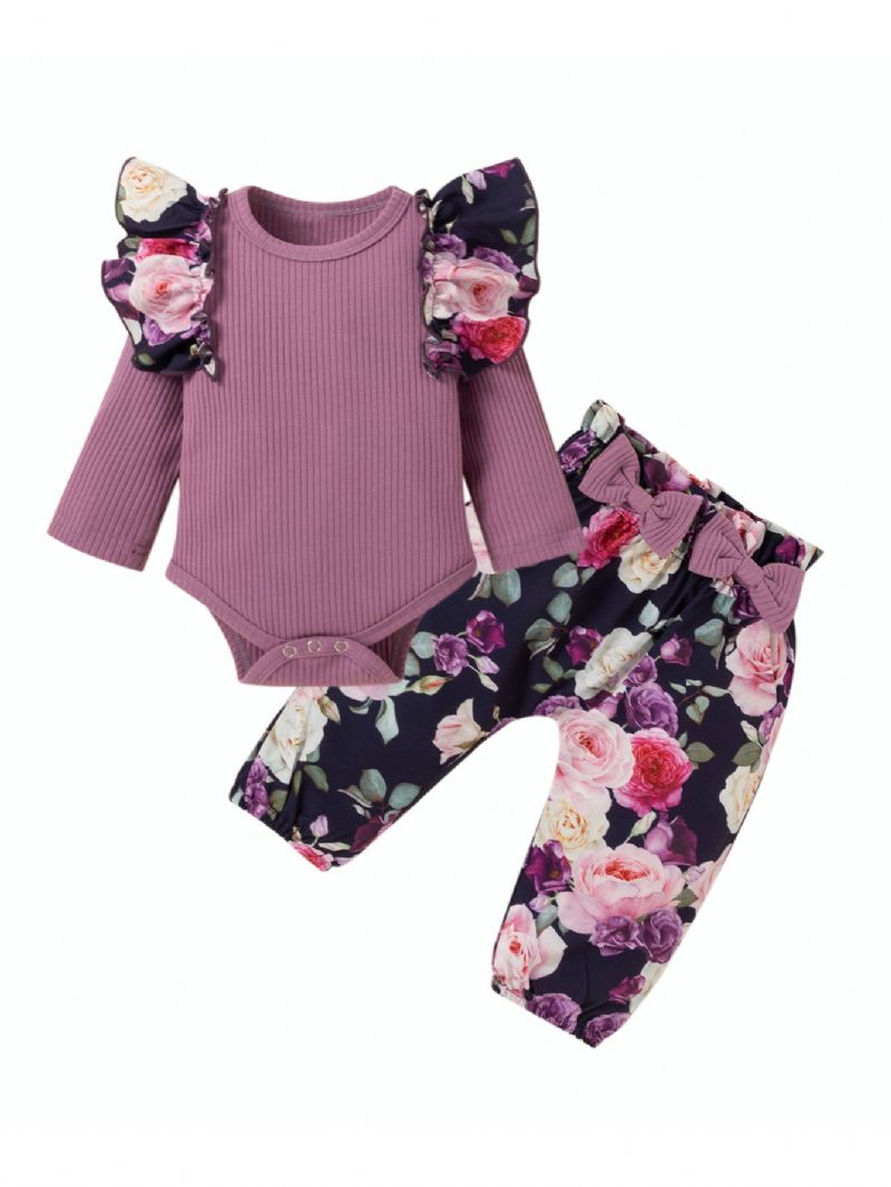 Baby Jenter Botanical Floral Print Ruffled Romper & Bue Buksesett