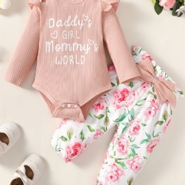 Baby Jenter Buksesett Med Volanger Bokstavtrykk Onesie & Blomsterprint Bukser Med Sløyfe