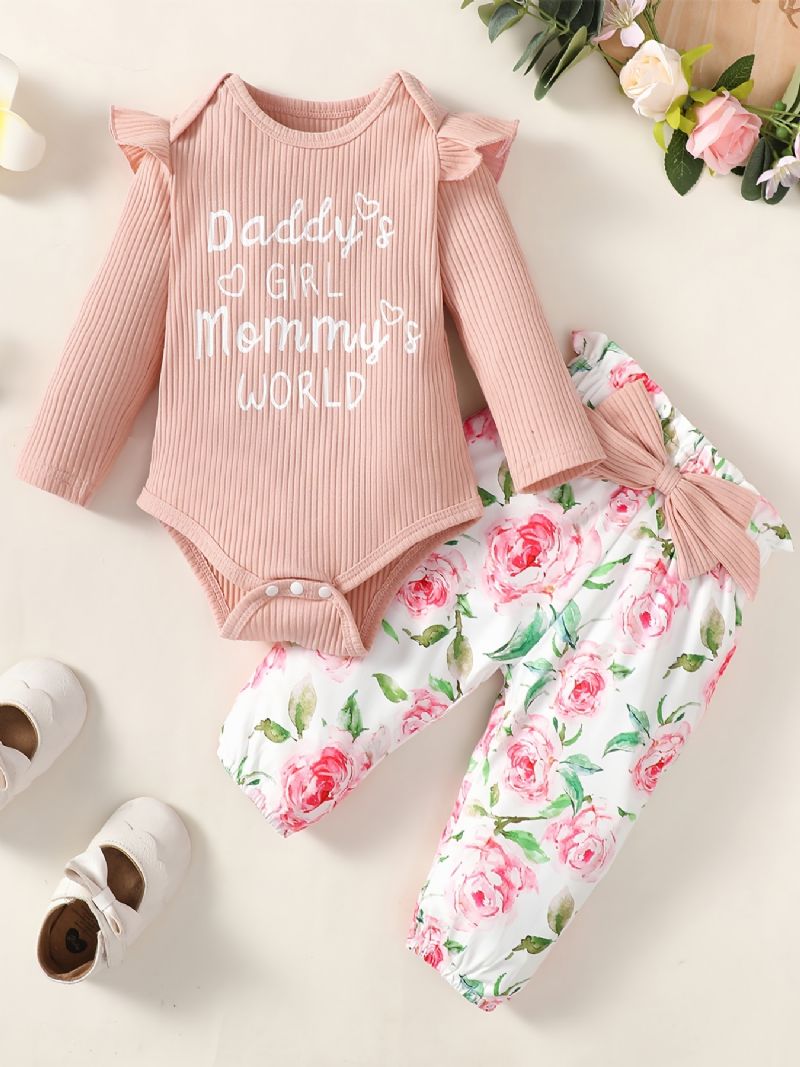 Baby Jenter Buksesett Med Volanger Bokstavtrykk Onesie & Blomsterprint Bukser Med Sløyfe