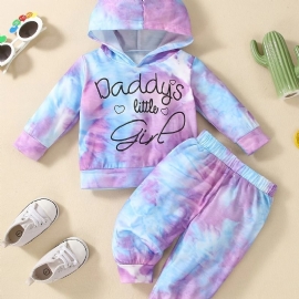 Baby Jenter Casual Active Tie Dye Sett Med Bokstavtrykk Hettegenser Og Joggebukser For Utendørs