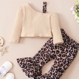 Baby Jenter Casual Ribbed Halv Suspendel Topp & Utsvingte Bukser Med Leopard Print Sett