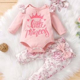 Baby Jenter Casual Romper Sett Med Little Princess Print & Sløyfe Blomster Bukser & Pannebånd