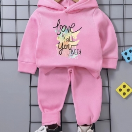Baby Jenter Colorful Letters Love Fleece Langermet Hettegenser Sweatshirt Buksesett