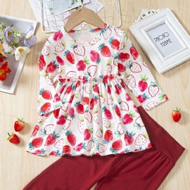 Baby Jenter Dress Strawberry Print Langermet Topp & Ensfarget Buksesett Barneklær