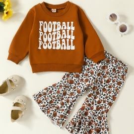 Baby Jenter Football Letter Print Pullover Sweatshirt & Flare Leg Pants Set Barneklær