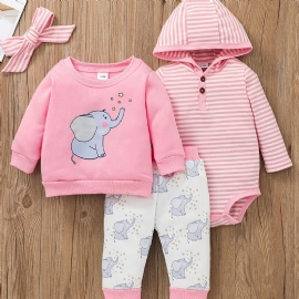 Baby Jenter Hette Bodysuit & Elephant Print Bukser & Sweatshirt Set For Fall Winter New