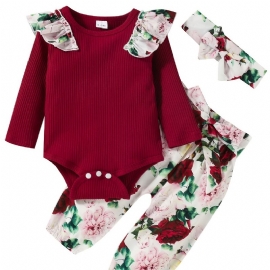 Baby Jenter Langermet Antrekk Rund Hals Ribbete Ruffle Bodysuits Rulle + Blomsterprint Bukser Dress + Pannebånd Sett Spedbarn Klær