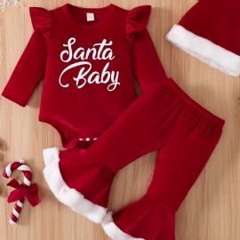 Baby Jenter Langermet Bodysuit & Flared Bukser & Hat Set Newborn Set For Christmas Babyklær