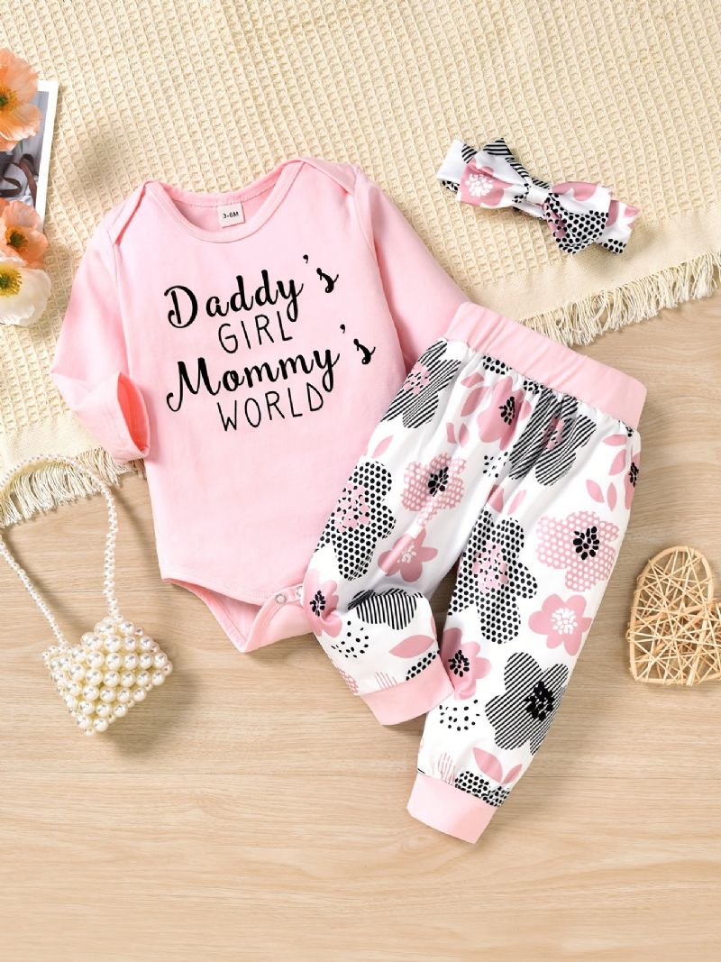 Baby Jenter Langermet Bodysuit Onesie & Blomsterprint Bukser Og Pannebåndsett