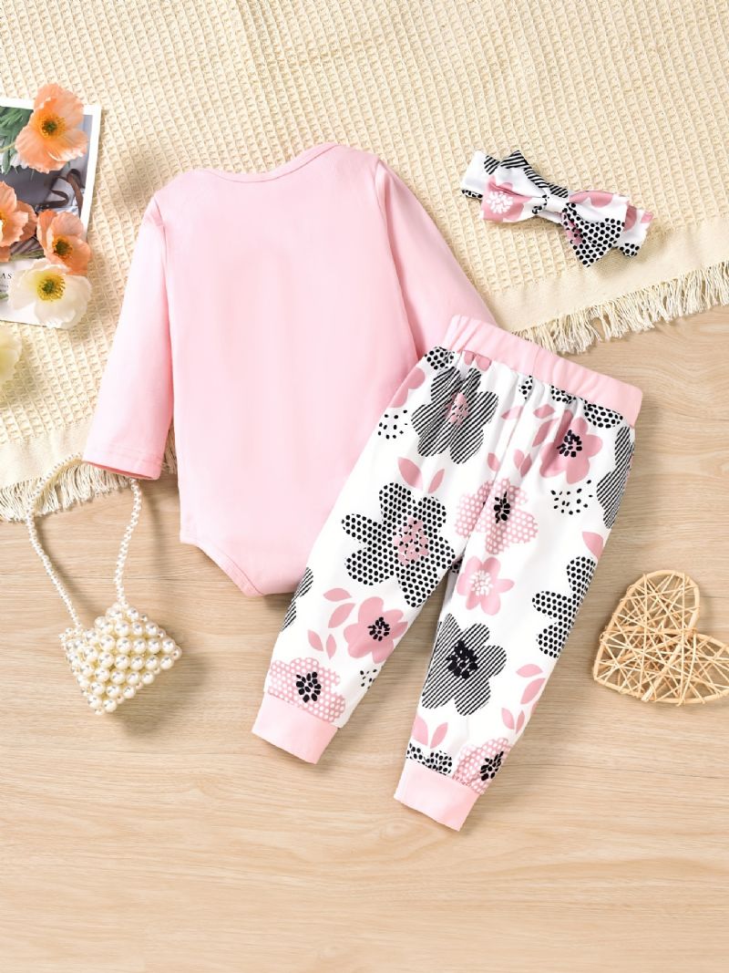 Baby Jenter Langermet Bodysuit Onesie & Blomsterprint Bukser Og Pannebåndsett