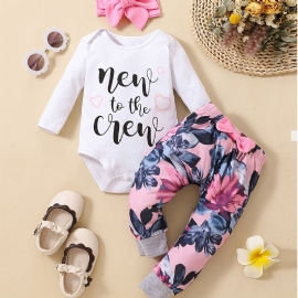 Baby Jenter Langermet Bodysuit Onesie & Blomsterprint Bukser Og Pannebåndsett