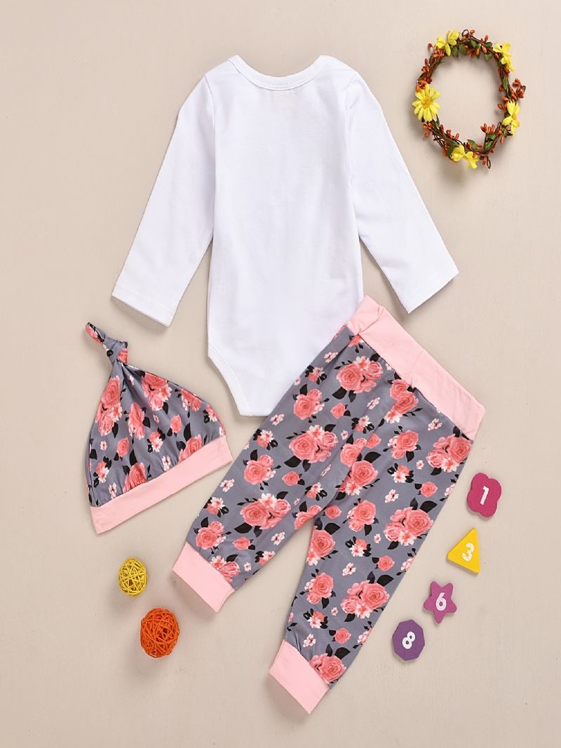 Baby Jenter Langermet Bukse + Matchende Bukser Med Blomstertrykk + Hattesett Bodysuit Onesie Layettesett Klær
