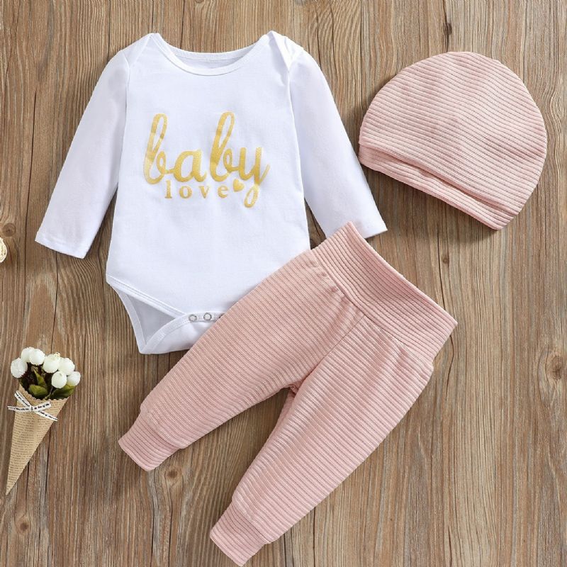 Baby Jenter Langermet Letter Bodysuit & Stripete Bukser & Hat