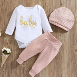 Baby Jenter Langermet Letter Bodysuit & Stripete Bukser & Hat