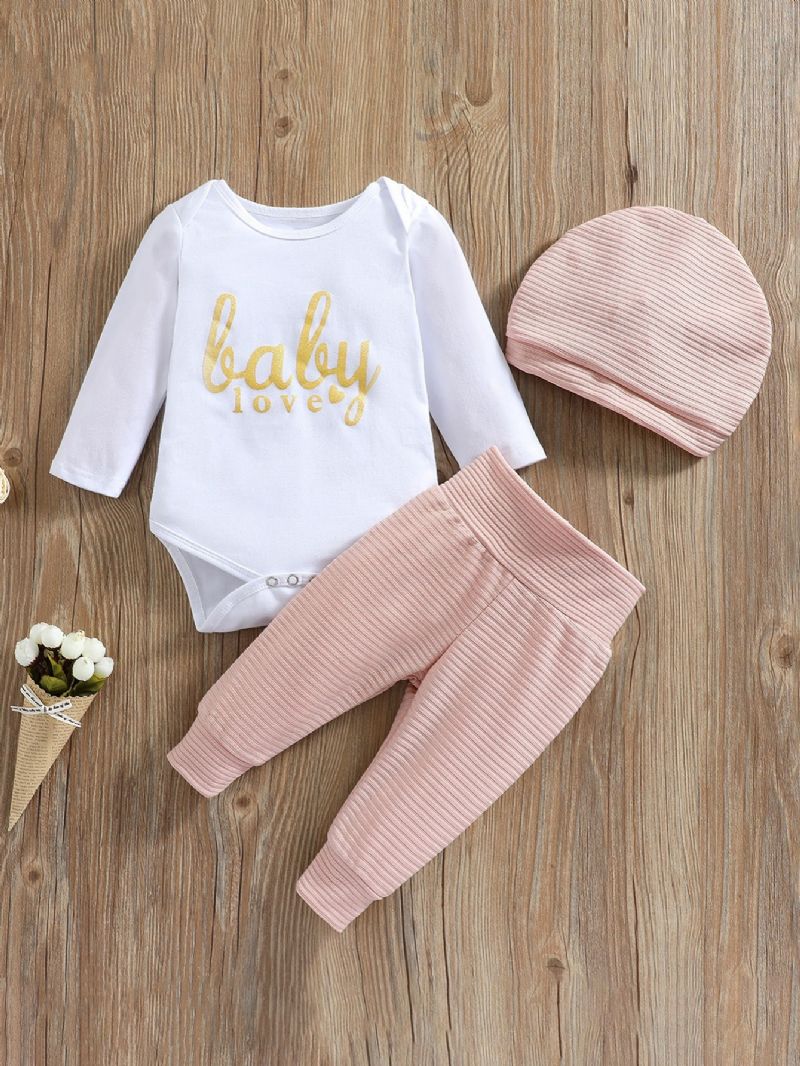 Baby Jenter Langermet Letter Bodysuit & Stripete Bukser & Hat