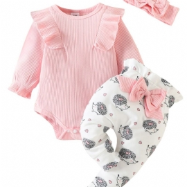 Baby Jenter Langermet Romper + Bukser + Hårbåndsett Babyklær