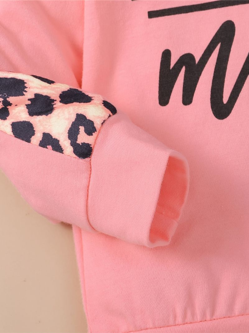 Baby Jenter Leopard Patchwork Letter Print Sweatpants Med Hettesett Med Sløyfe Pannebånd