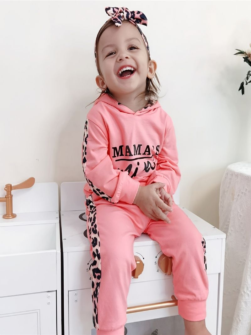 Baby Jenter Leopard Patchwork Letter Print Sweatpants Med Hettesett Med Sløyfe Pannebånd