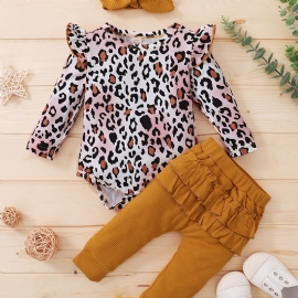 Baby Jenter Leopard Print Romper & Solide Bukser & Pannebåndsett Babyklær
