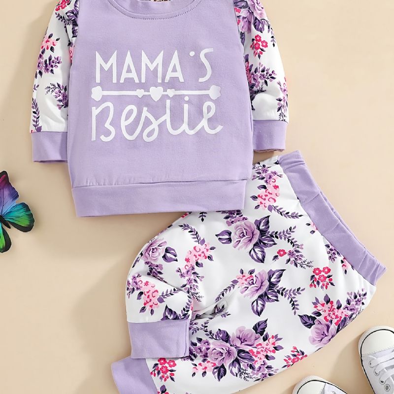 Baby Jenter Letter Print Langermet Rundhals Sweatshirt & Buksesett