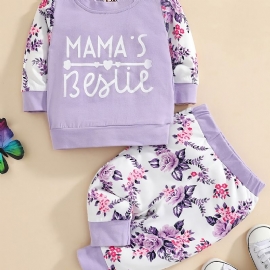 Baby Jenter Letter Print Langermet Rundhals Sweatshirt & Buksesett