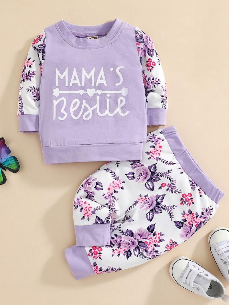 Baby Jenter Letter Print Langermet Rundhals Sweatshirt & Buksesett