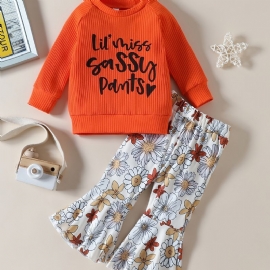 Baby Jenter Letter Print Langermet Topp & Flower Flare Leg Bukser Set