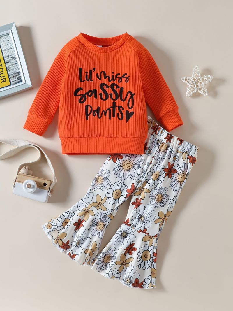 Baby Jenter Letter Print Langermet Topp & Flower Flare Leg Bukser Set