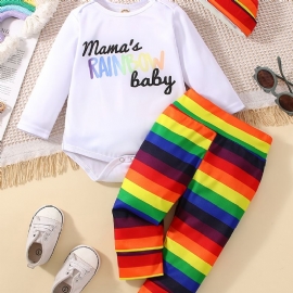 Baby Jenter Mamas Rainbow Babybody Og Regnbuestripete Bukser Og Hattesett Nyfødt Babysett