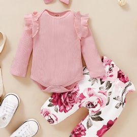 Baby Jenter Outfit Set Langermet Ripped Body & Floral Print & Pannebånd