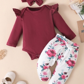 Baby Jenter Romper & Floral Print Bukser & Pannebånd Sett Antrekk Bodysuit Onesie-klær