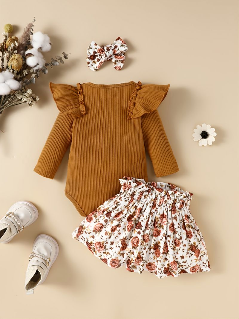 Baby Jenter Romper Langermet Ruffle Body & Ditsy Floral Skjørt & Pannebånd