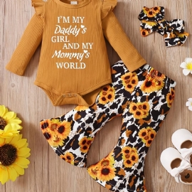 Baby Jenter Romper Letter Print Langermet Flying Sleeves Bodysuits & Sunflower Flare Leg Bukser & Pannebånd Barneklær