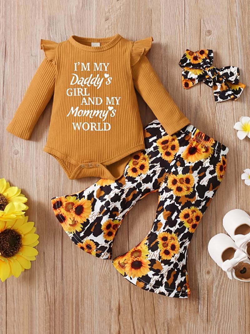 Baby Jenter Romper Letter Print Langermet Flying Sleeves Bodysuits & Sunflower Flare Leg Bukser & Pannebånd Barneklær