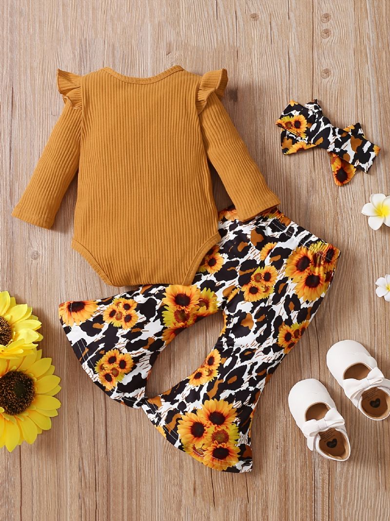 Baby Jenter Romper Letter Print Langermet Flying Sleeves Bodysuits & Sunflower Flare Leg Bukser & Pannebånd Barneklær