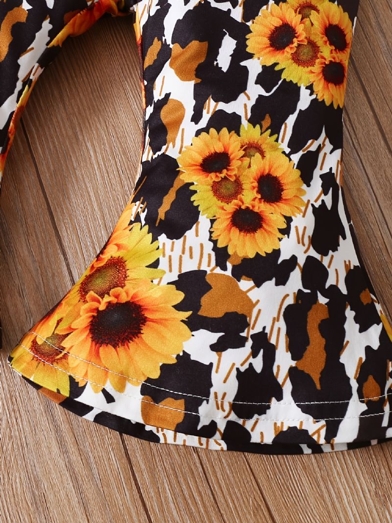 Baby Jenter Romper Letter Print Langermet Flying Sleeves Bodysuits & Sunflower Flare Leg Bukser & Pannebånd Barneklær