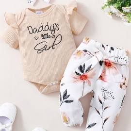 Baby Jenter Ruffle Kortermet Romper + Blomstermønster Buksesett Bodysuit Onesie Babyklær